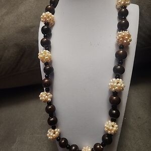 925 Sterling Silver Brown And Black Beaded Necklace With Pearl Flowers